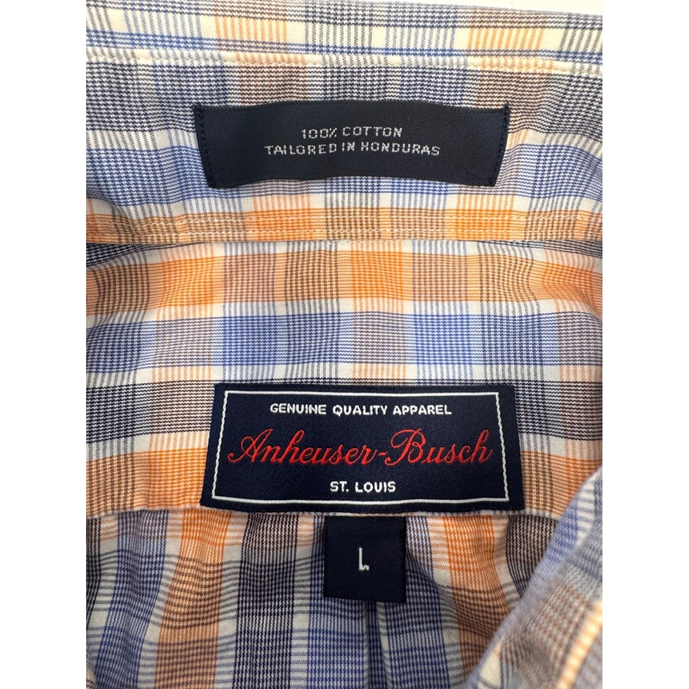 Budweiser Anheuser-Busch Plaid Shirt Mens Large L Long Sleeve Blue Orange Cotton - Picture 5 of 7